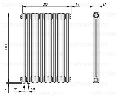 Схема (чертеж) Радиатор Zehnder Charleston 2300/11 №3370 Белый глянцевый RAL 9016